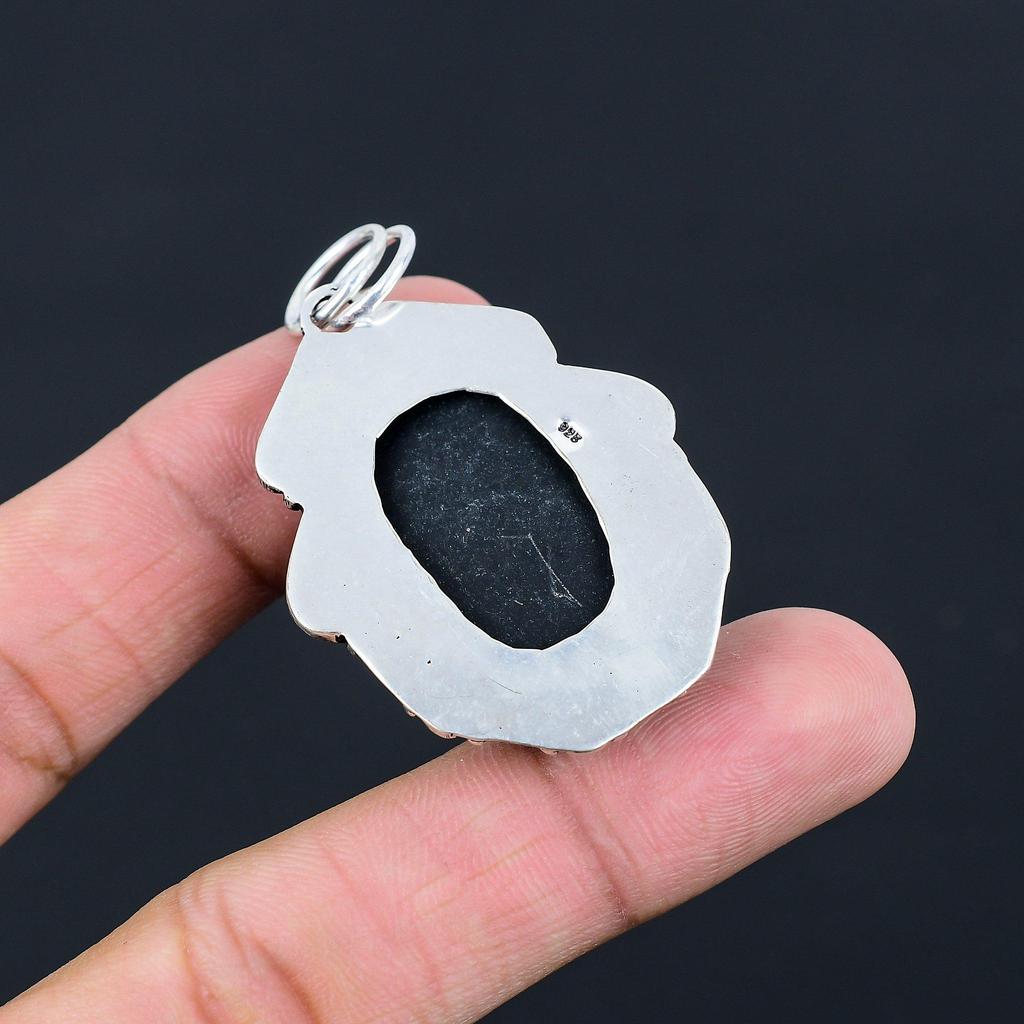 925 Sterling Silver Oval Black Tourmaline Rough Stone Bezel New Sister Pendant
