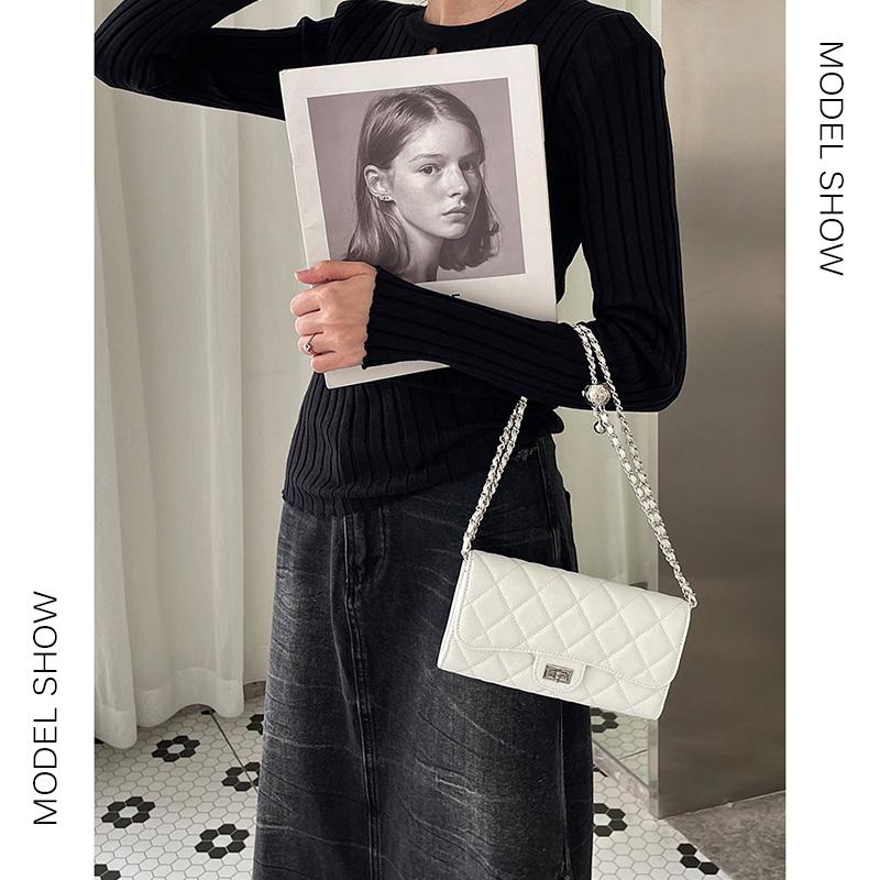 Genuine Leather Caviar Crossbody Bags For Women Diamond Quilted Small Shoulder Bag With Ball Chains Lock Handbag Silver-tone Purse No Logo