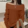 VONDA Women Autumn Off Shoulder Long Sleeve Solid Color Pullover Sweaters