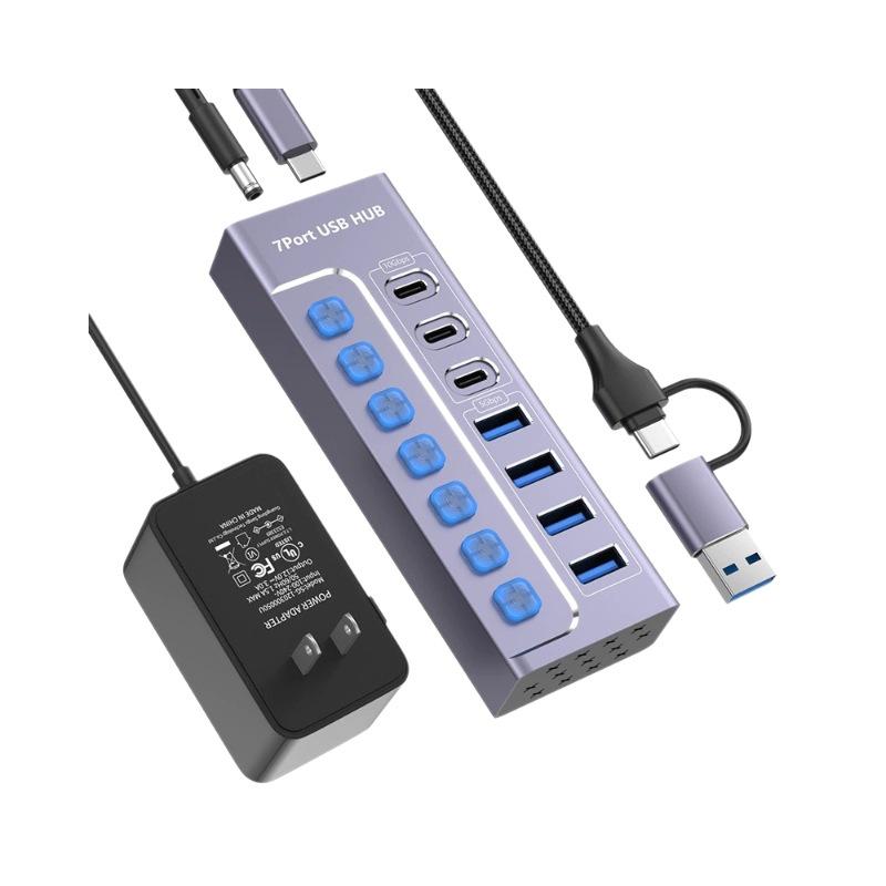 USB 3.0 7-Port Hub Splitter 10Gbps Docking Station with Independent Switches