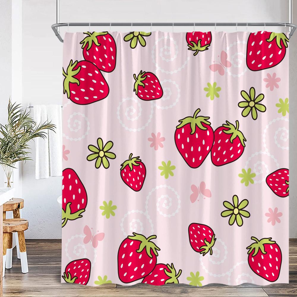 Erdbeer-Mädchen Rosa Duschvorhang Badezimmer Deko Frucht Sommer Kinder Schleifenmuster Schick Modern Frau Polyester Badewannenvorhang