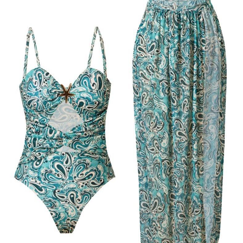 

2025 Cross-Border European & American Fashion Sexy Print Bodysuit Dress and Swimsuit Set Small