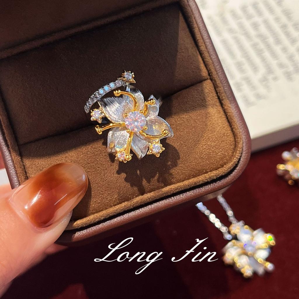 Handmade Brushed Gold Gardenia Necklace, Stud Earrings, Ring Set, Light Luxury And High-End Generation