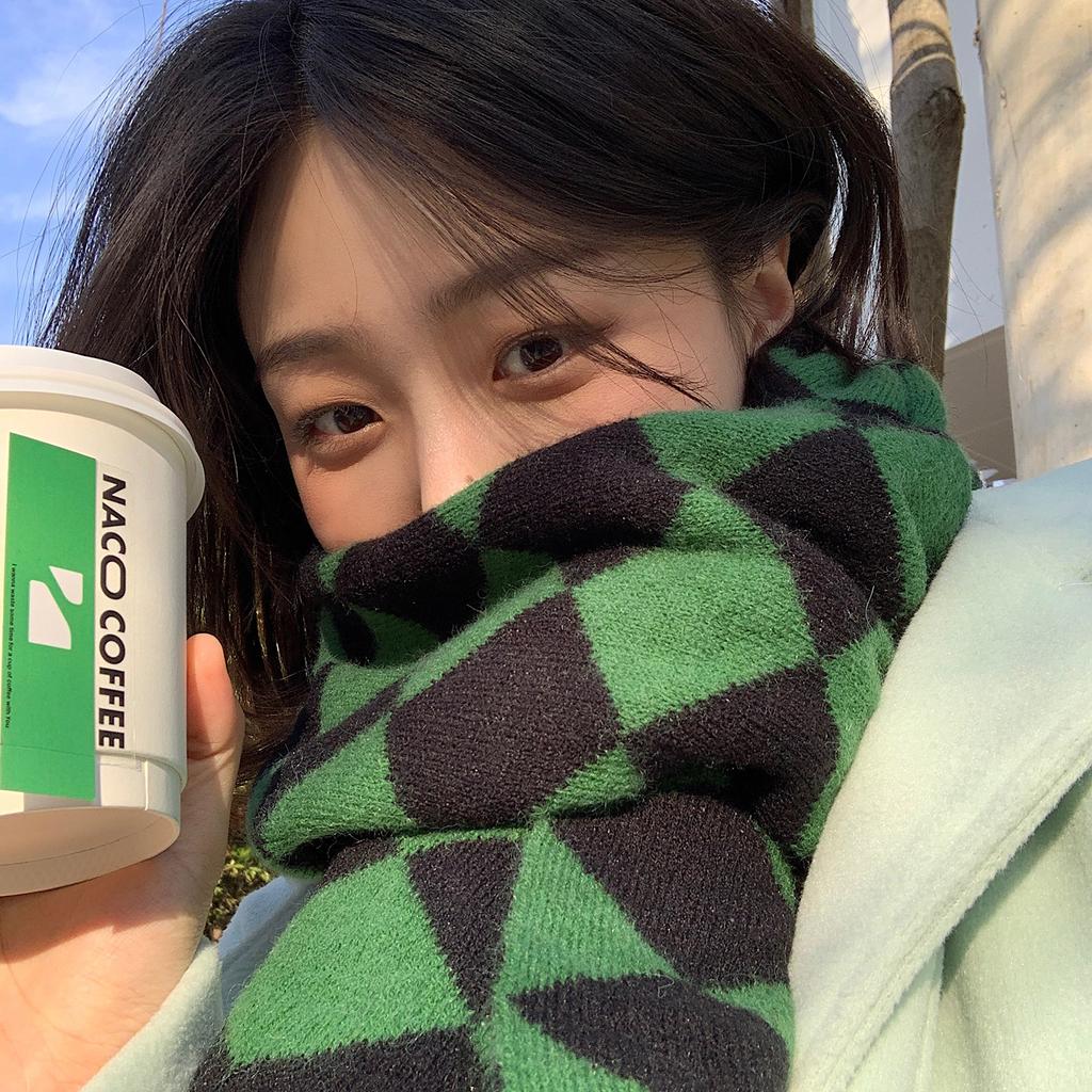 Green Rhombus Plaid Scarf for Women In Winter Japanese Style Versatile Student Thickened Warm Plaid Knitted Short Scarf Trendy