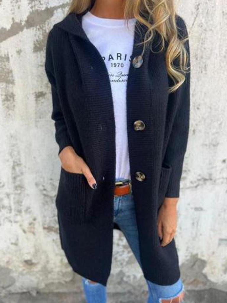 Women's Hooded Knitted Cardigan with Buttons and Pockets for Autumn/Winter