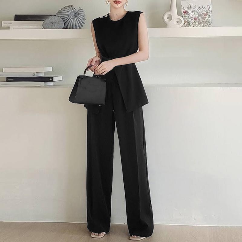 ZANZEA Женские топы без рукавов и брюки Летние костюмы-двойки 2XL чёрный