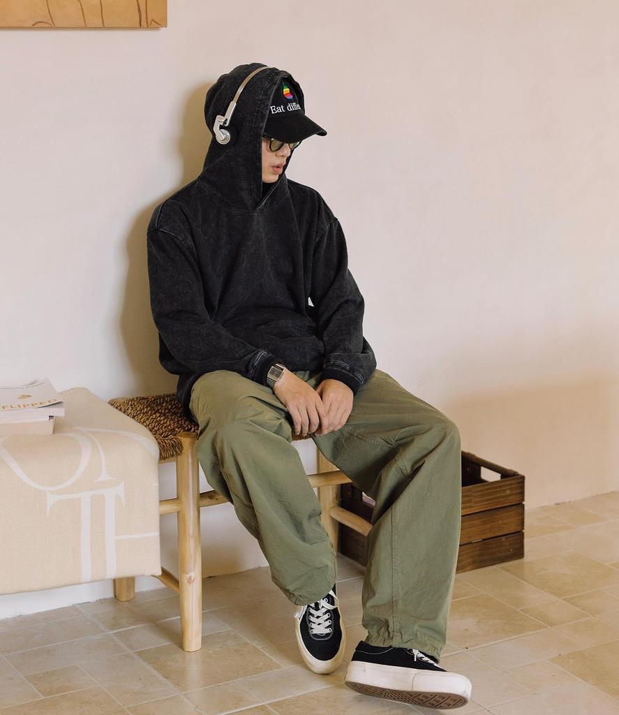 CHANGE WELL Long Sleeve Solid Vintage 2024 Men's 14.0 Oz. Sweatshirt, Color, Washed, Style, Fall/Winter (Black, XL)