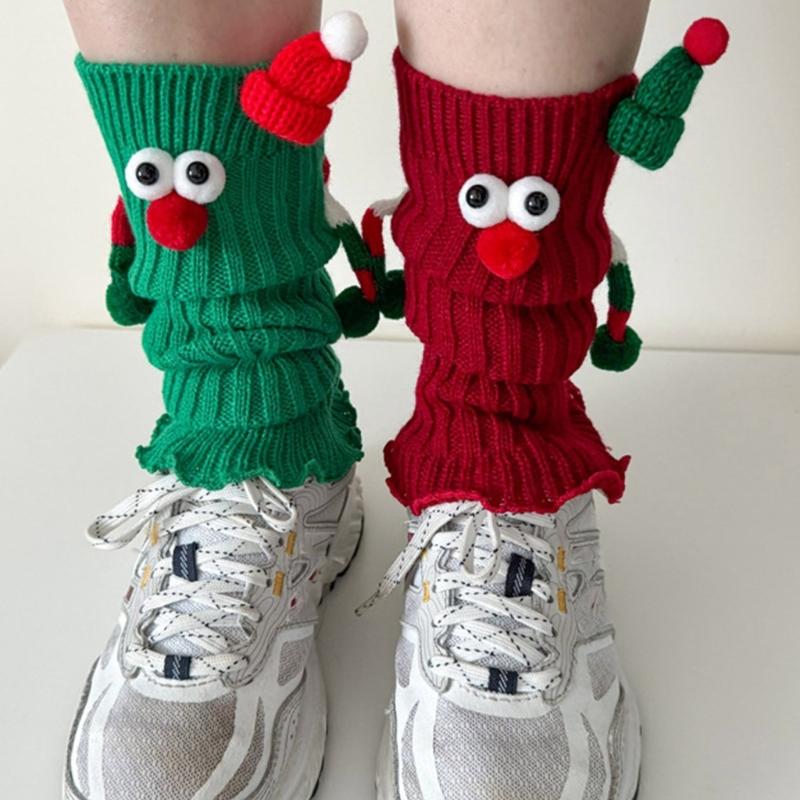 Christmas Holiday Leg Covers 3D Santa Hat Doll Magnetic Hand Holding Leg Warmers Socks with Big Curious Eyes for Women