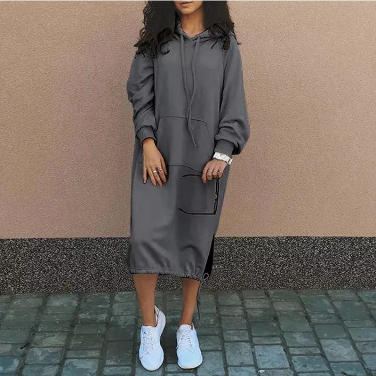 Autumn and Winter Fashion New Women's Sweater Robe Large Hooded Elegant Pocket Split Warm Hoodie Long Dress