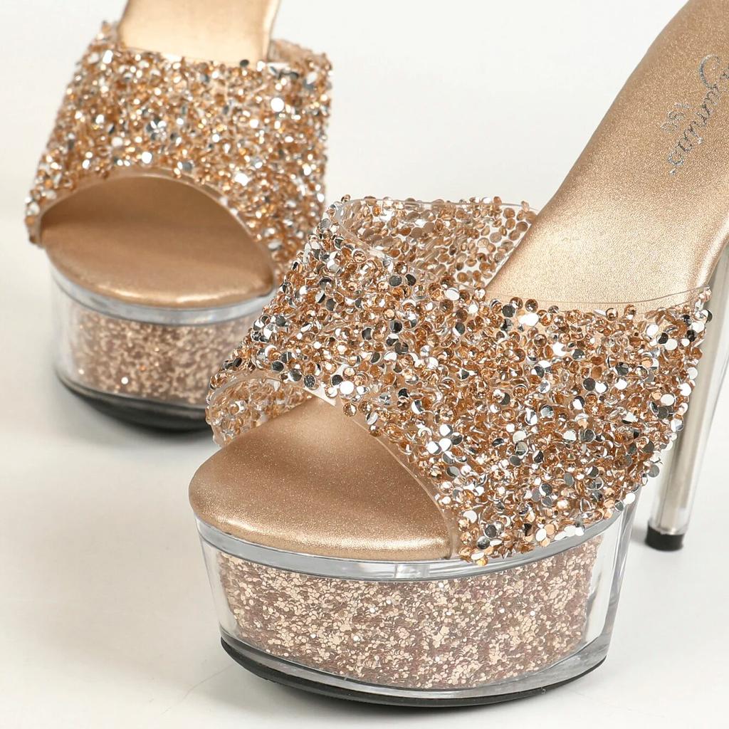 Frauen Sexy Tanz Sandalen 5 cm Plattform 15 cm Ferse Tanz Schuhe Gold Farbe Kristall Sandalen Bling Sexy Stil LFD-8661-D5