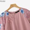 ZANZEA Women Casual Round Neck Floral Print Splice Half Sleeve Blouse
