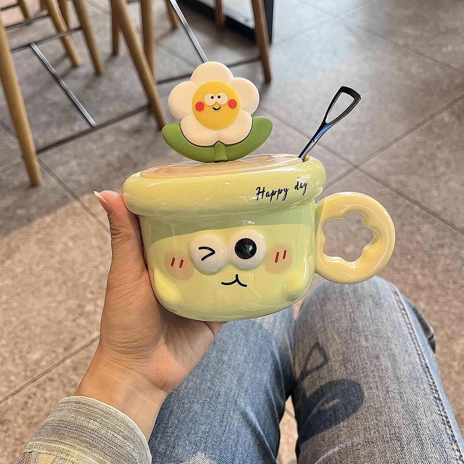 

Милая керамическая кружка с крышкой и ложкой, высокая ценность, ветряная кружка, домашняя чашка для воды, офисная чашка для кофе 301-400ml