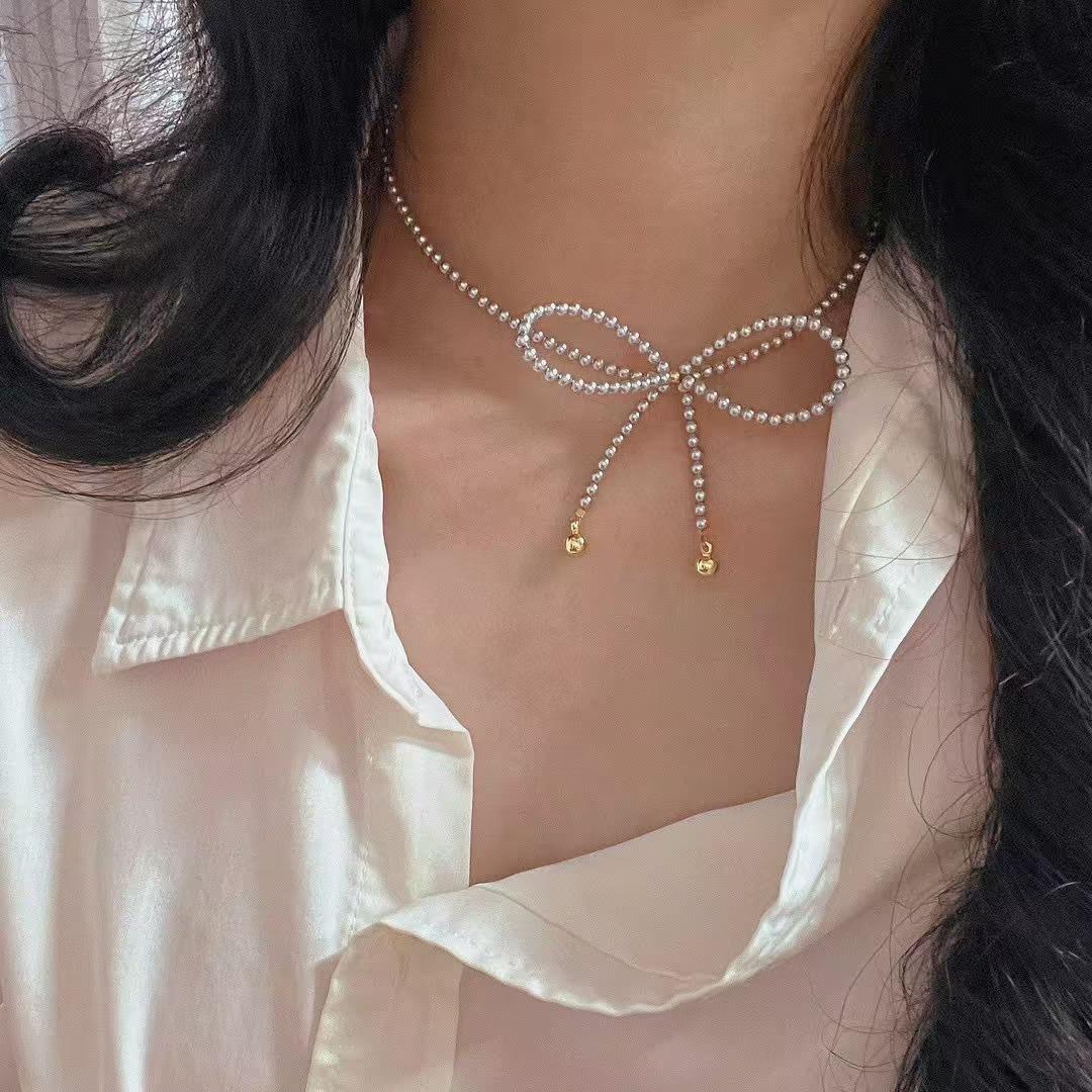 Vintage High Quality Faux High Gloss Pearl Bow Collarbone Chain Necklace Necklace