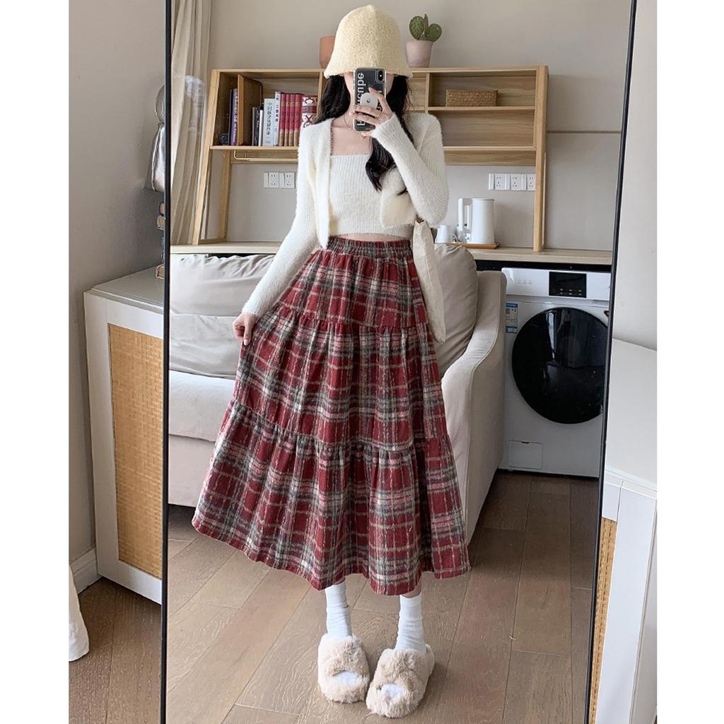 Volen Check Lacquer Check Loose Beautiful Women's Skirt, Fall/Winter, Skirt, Pattern, High-Waisted, A-Line, Flattering, Slimming, Fit, (YJP0035W-L)