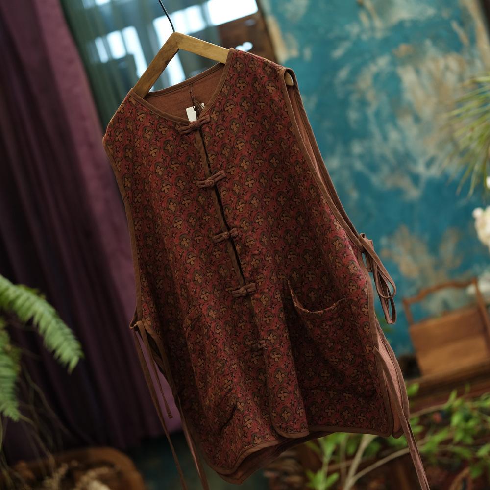

Johnature Women Vintage Print Floral Vests Coats Button Sleeveless V-Neck Autumn Chinese Style Pockets Vests One Size