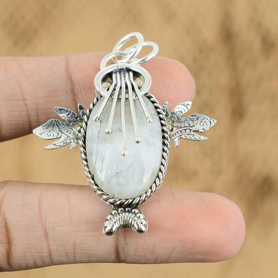 Easter Sale 925 Sterling Silver Oval Rainbow Moonstone Stone Engagement Pendant