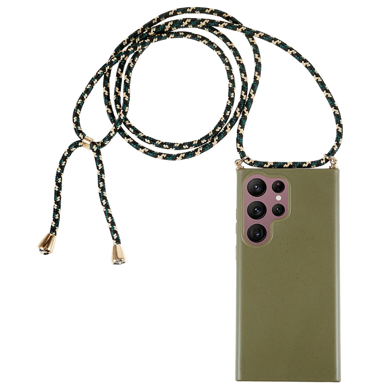 

For Samsung Galaxy S25 Ultra Case Biodegradable Wheat Straw+TPU Phone Cover with Long Lanyard Army Green