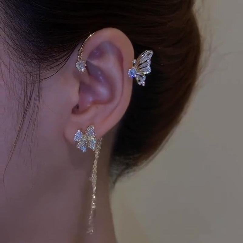 Butterfly Flower Tassel Rhinestone Wing Ear Cuff - No Piercing Clip On