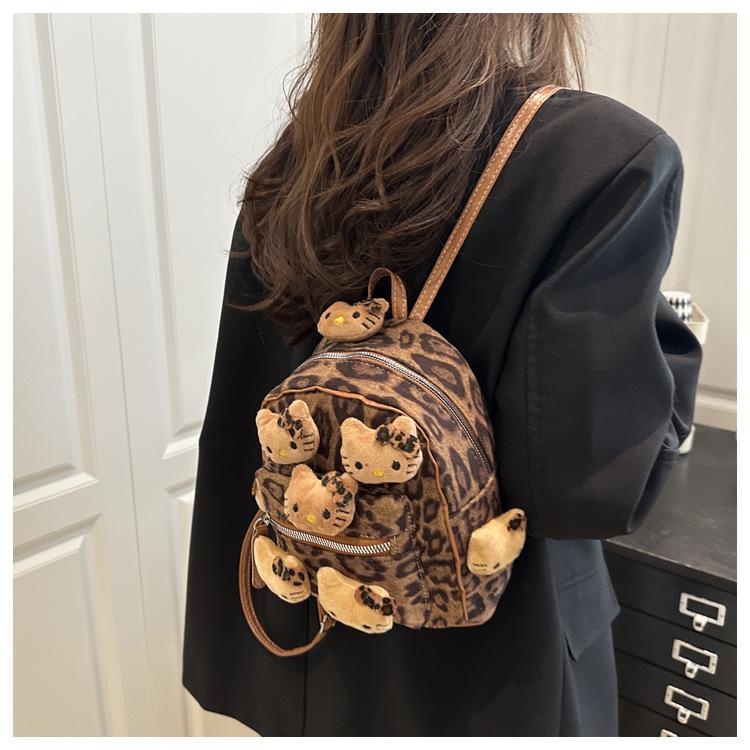 Leopard Print Faux Suede Backpack for Women Cute Cartoon Shoulder Bag