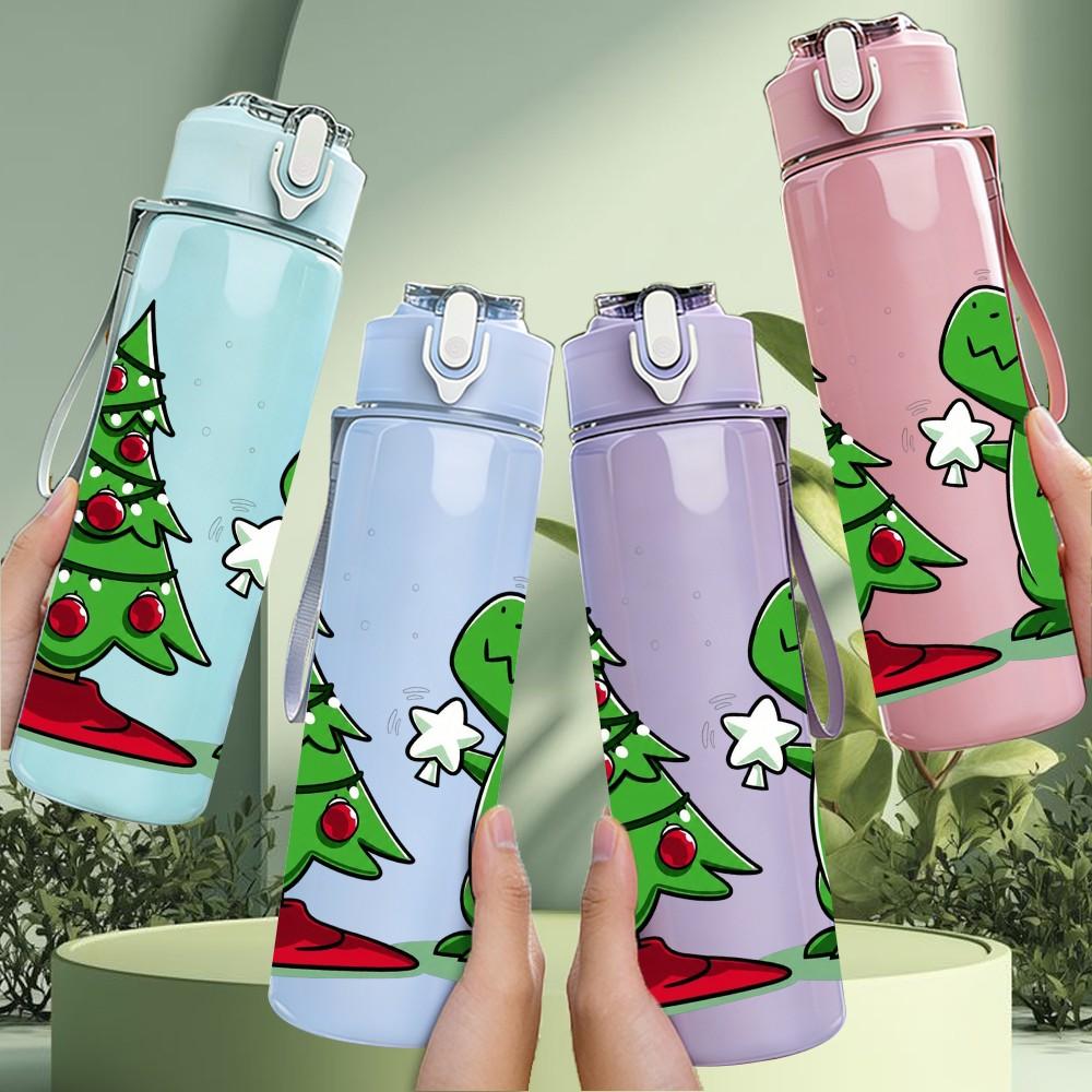 1PC Christmas Tree Dinosaur 750ml Color Plastic Sports Water Bottle Leakproof Flip Straw Lid Suitable for Sports Office Home Use