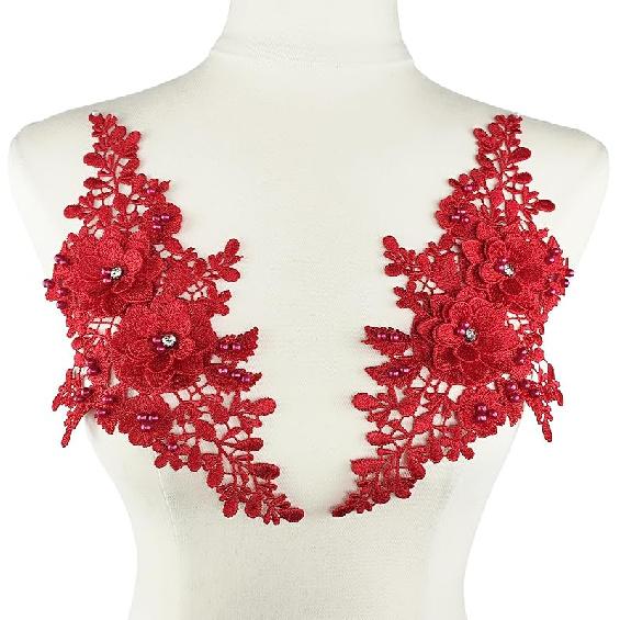 1 Pair Lace Flower Applique Beaded Rhinestones Sew On Embroidered Patches Applique Décor for Wedding Dress DIY Sewing Craft Decoration, Black 9.2 x