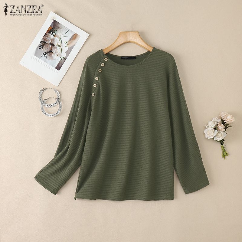ZANZEA Women Casual Round Neck Solid Color Long Sleeve Retro Blouse