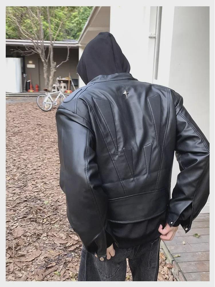 2024 Retro White Leather Motorcycle Jacket with Shoulder Pads - Unisex Street Style