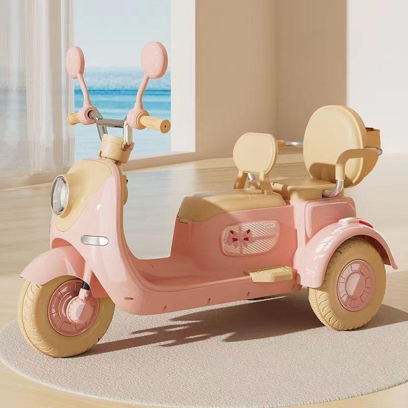 

Детский электрический трехколесный мотоцикл с аккумулятором для мальчиков и девочек, двойной трехколесный мотоцикл с музыкальным ограждением, большие противоскользящие колеса розовый