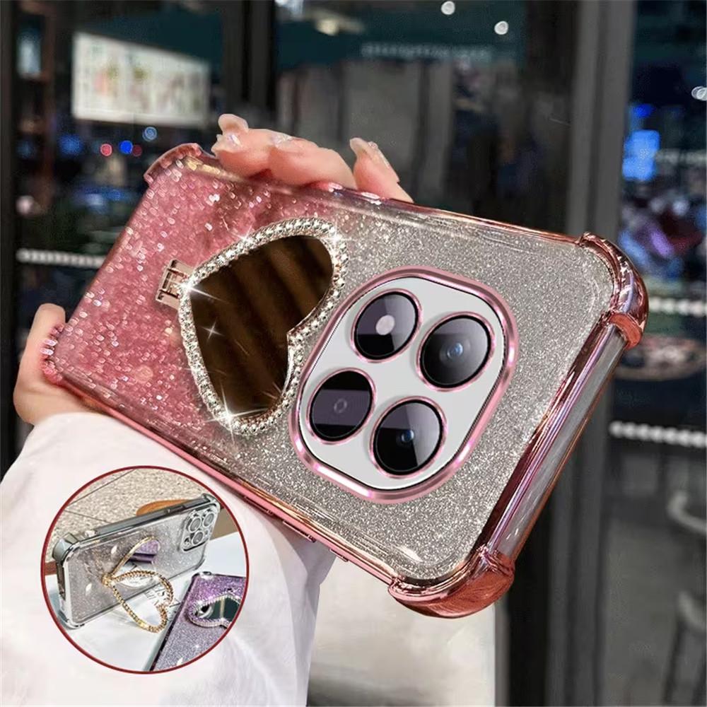 Glitter Heart Mirror Holder Stand Phone Case For OPPO Reno 15 15C 15F Pro Max 14F 13F 12F 11F Shockproof Soft Silicon Back Cover
