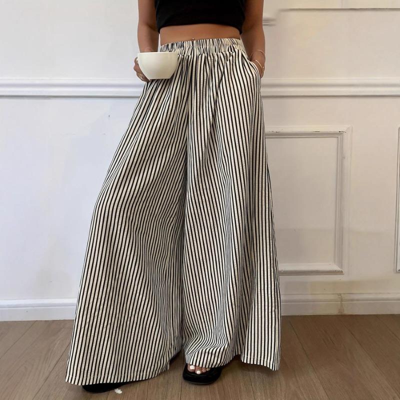 Fashion Striped Elastic Waist Straight Leg Wide Leg Pants Women Elegant Casual Loose Long Pants Spring Autumn Printed Simple Clothing