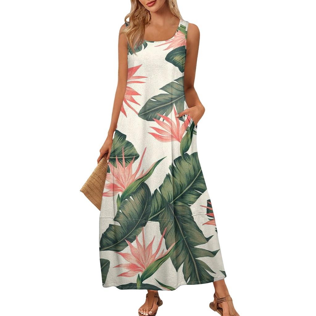 Damen Sommer Mode Rundhals Ärmellos Strandkleid Kleider mit Blumendruck