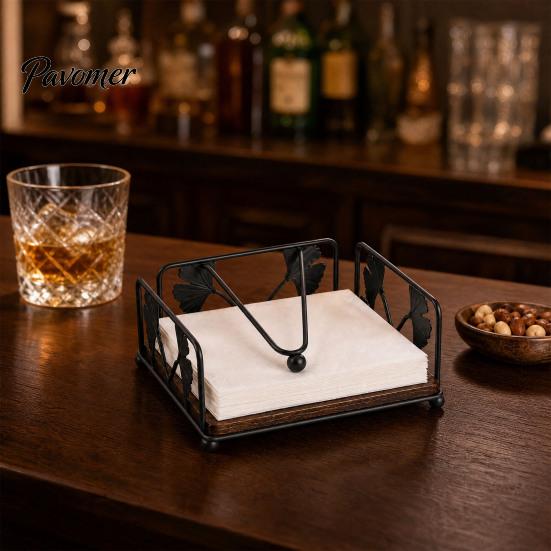 Rustic Napkin Holder Holder, with Anti-Slip Wooden Base And Weighted Arm, Smooth Stable Dispenser Access Square Iron Stand, for Restaurants