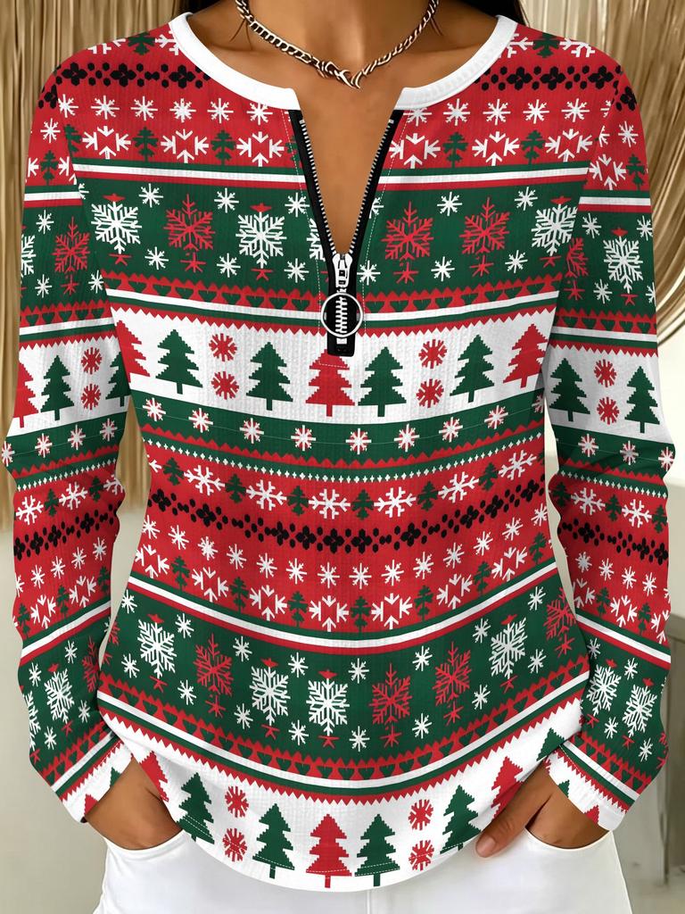 Women's Half Zipper Long Sleeve T-Shirt Christmas Style Pattern Printing Casual Daily Commuter