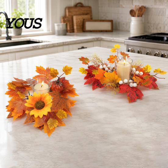 Berry And Pumpkin Candle Decor Fall Rings Wreaths, Artificial Maple Leaf Ring for Pillar Sunflower Holder, Thanksgiving Halloween Home Party