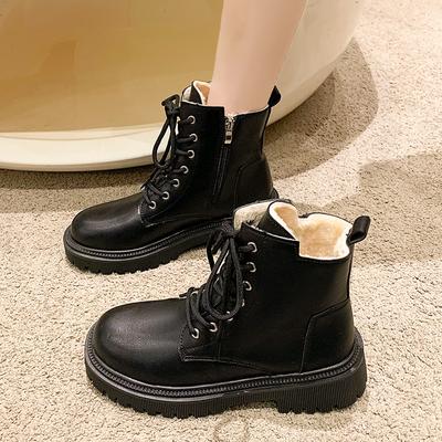 Outono Inverno Tamanho Grande Feminino PU Veludo Grosso Botas de Neve Confortáveis Quentes de Bico Redondo Sola Grossa Botas Martin 35-42