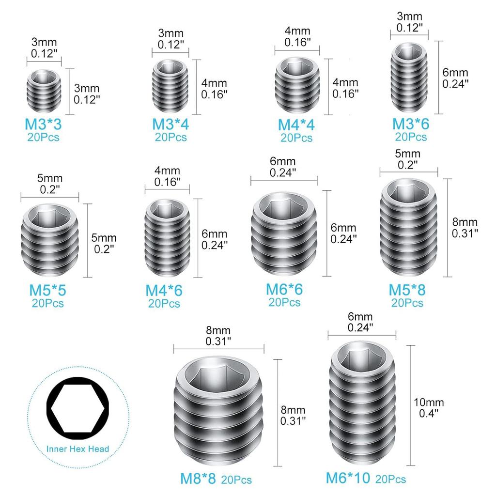 200Pcs Concave End Set Screw Set 304 Stainless Steel DIN916 Concave End Machine Rice Screw
