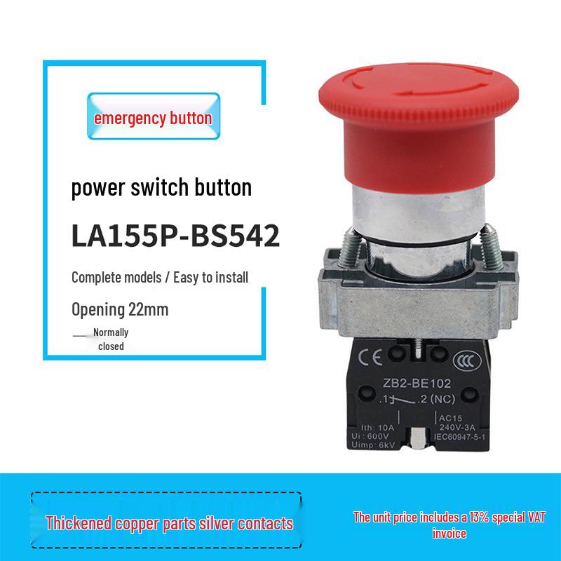 LA155P-BS542 Emergency Stop Button Switch, Thickened Copper Parts, Silver Contacts, 22MM Hole
