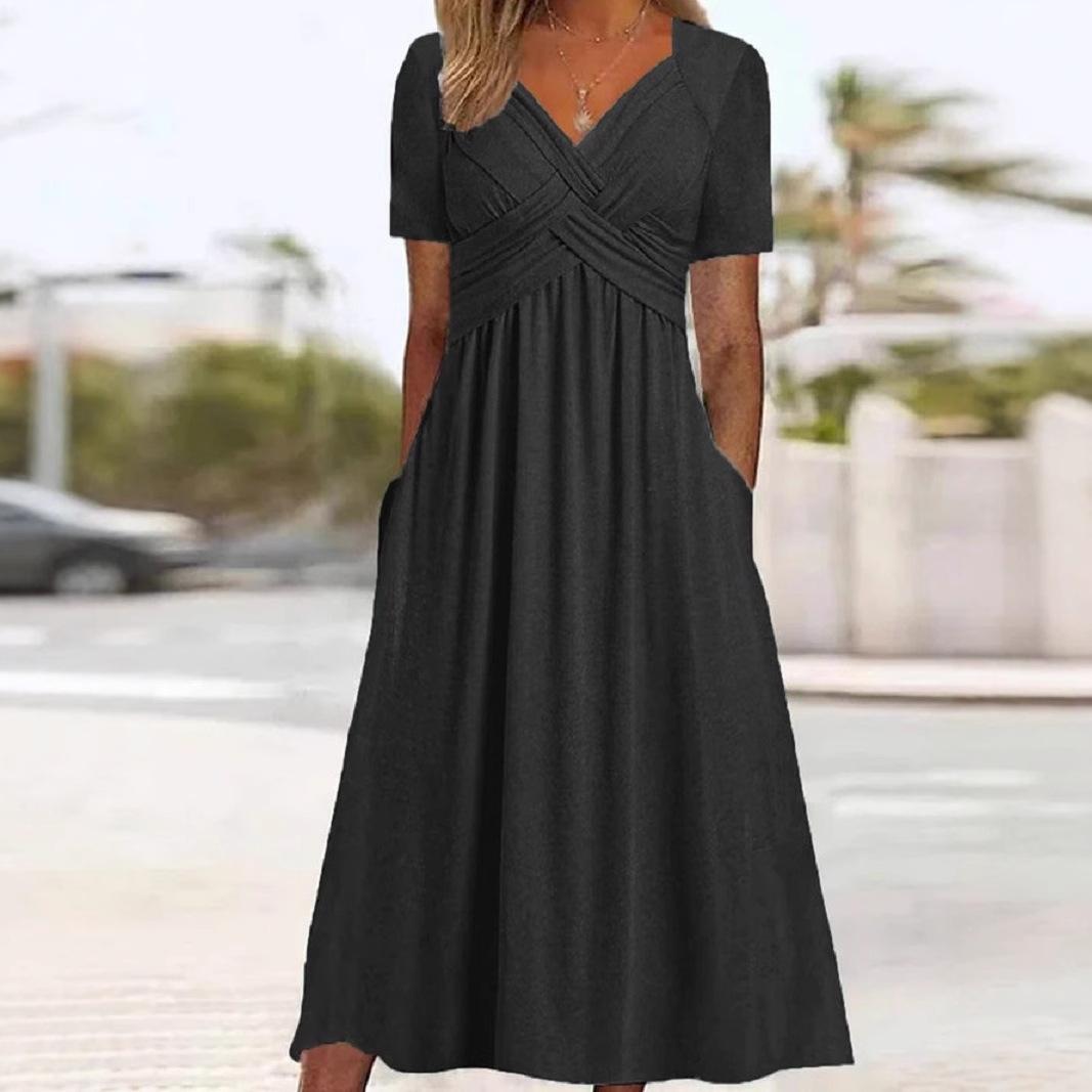 

Жіночі сексуальні довгі сукні, модні повсякденні темпераментні суцільні кольорові літні пуловери з V-подібним вирізом і короткими рукавами XXXXXL чорний