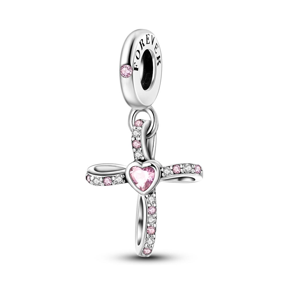 925 Silver Pink Series Charms Beads Bow Perfume Bottle Heart-Shaped Cross Pendant Fit Bracelet DIY Jewelry
