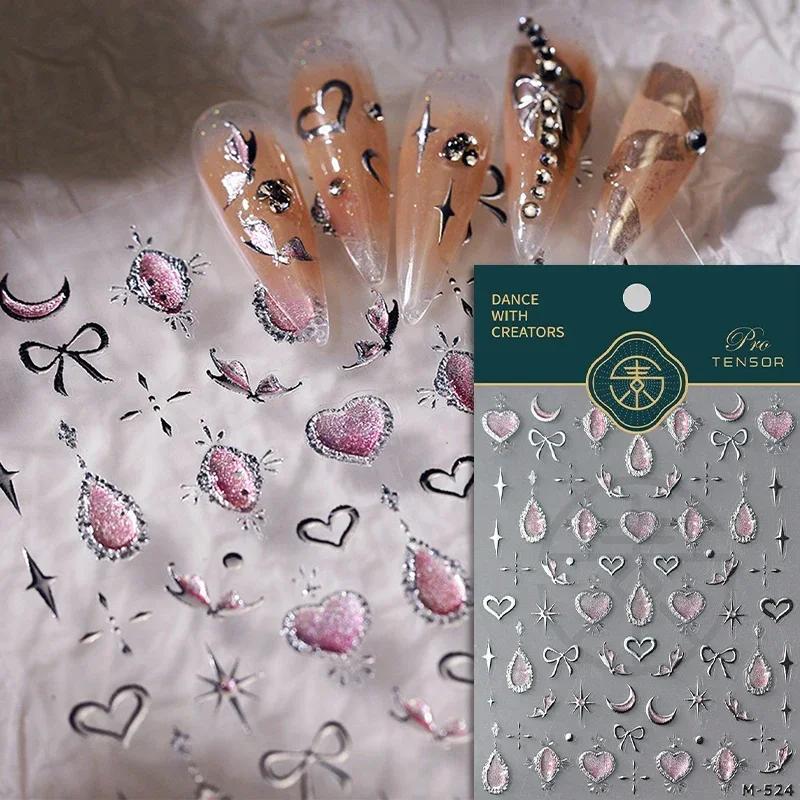 5D Love White English Letter Silver Jelly Nail Art Sticker Line Geometric Pattern Shape Romantic Delicate Manicure Decals