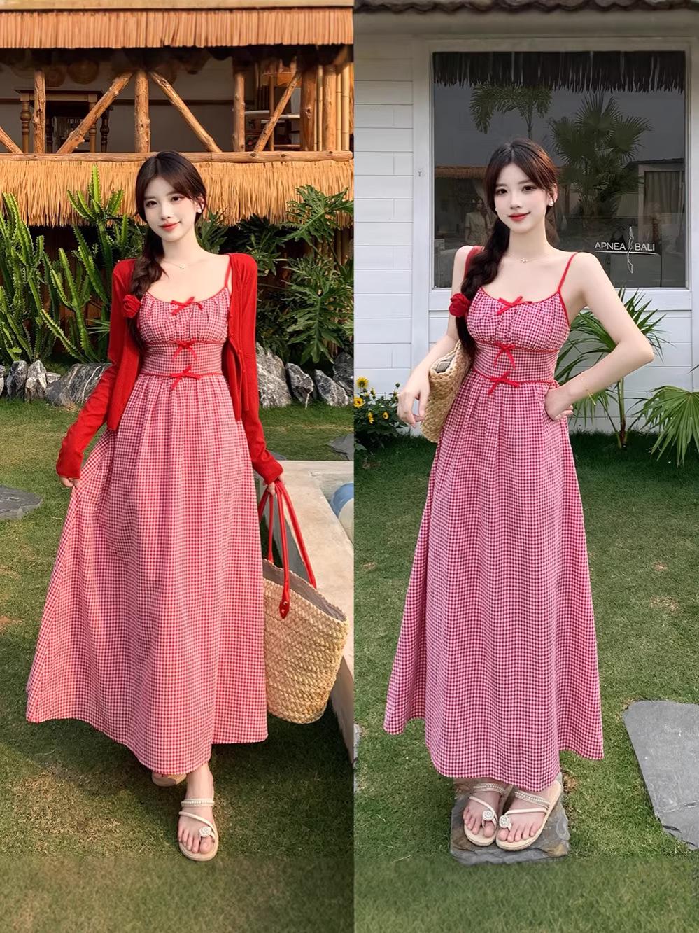 2026 Summer Plus Size Korean Style Plaid Camisole Dress & Cardigan Set XXXXL
