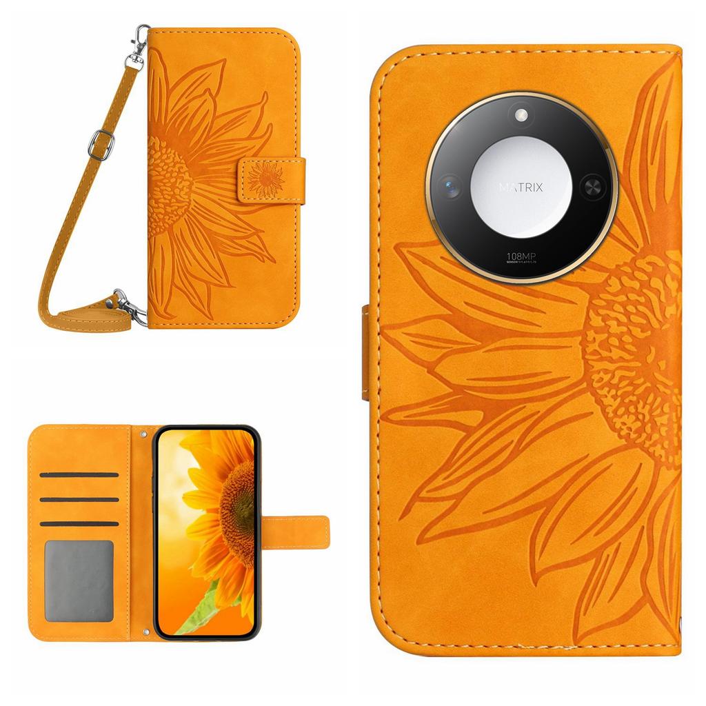 For Honor X9c Smart 5G Case Sunflower Imprint PU Leather Phone Cover with Long Strap