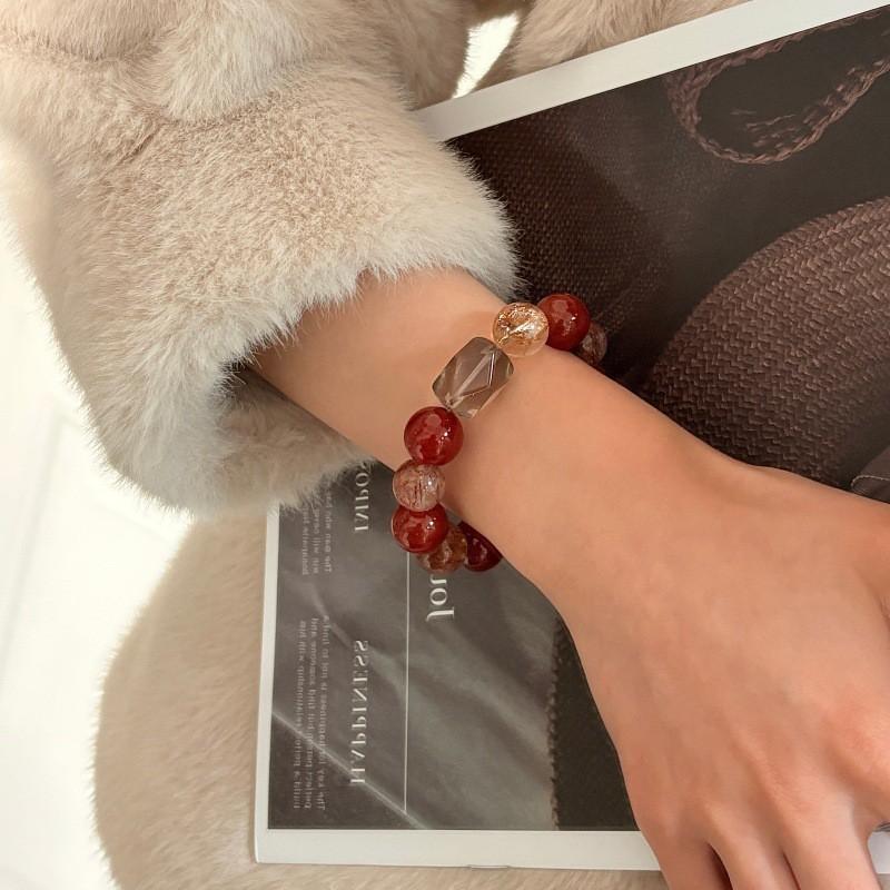 Natural Red Agate Black Gold Super Seven Crystal Beaded Bracelet Women Lucky Charm Jewelry