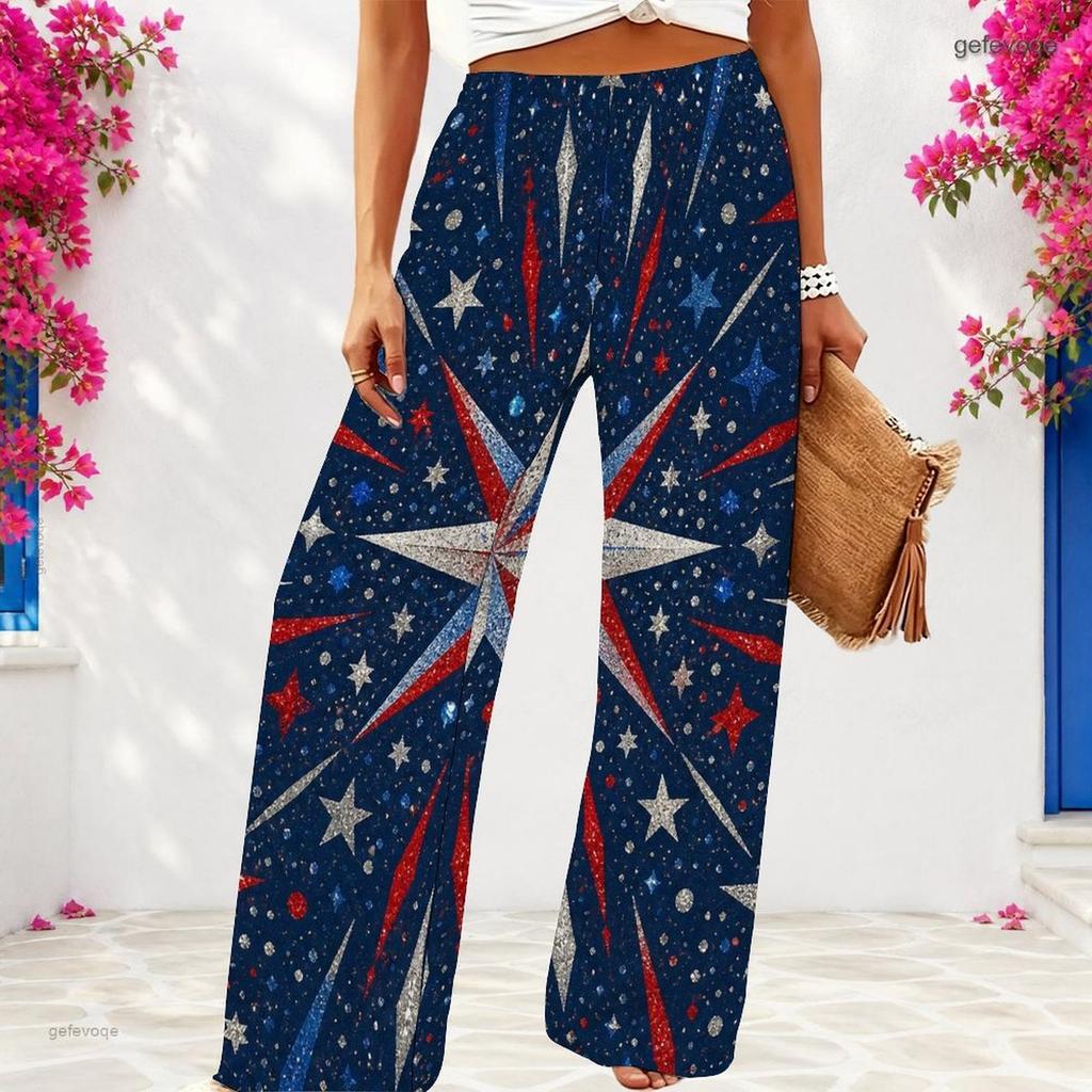 Women Plus Size Loose Wide Leg Full Length White Star Striped Printed Pants