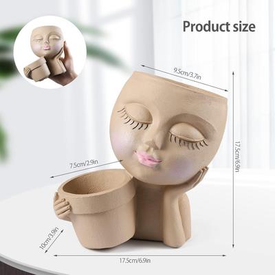 Face Planter Pot - Double Flower Pots In One for Indoor Outdoor Plants Resin Head Planter with Drainage Hole Cute Lady Face