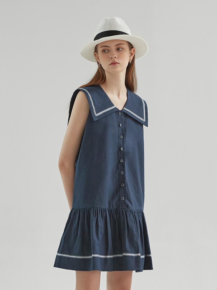 A Leaf Sailor Big Collar Linen Sleeveless Marine Dress (2 Colors)