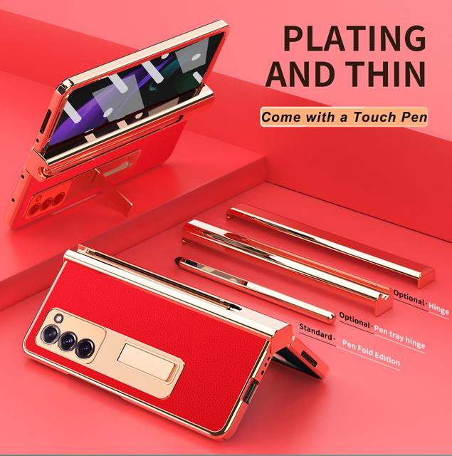 Plating Hinge Protector Case For Samsung Galaxy Z Fold 2 5g Leather Case With Touch Pen Magnetic Holder Front Screen Glass Film
