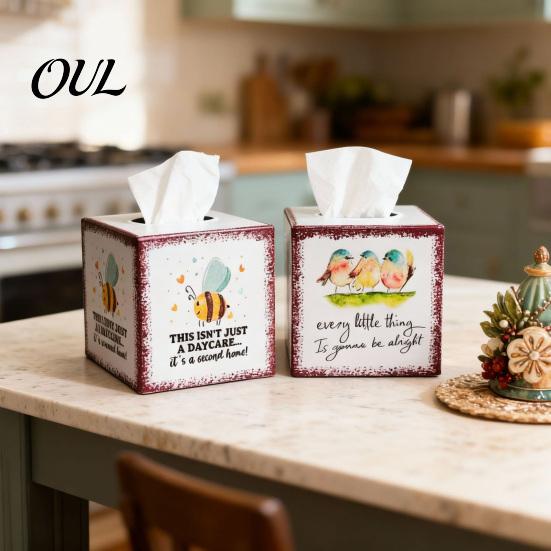 Waterproof Hardboard Napkin Holder Iron Art Square Tissue Box, Bee And Bird Watercolor Print Pastoral Aesthetic Tabletop Decor Holder, Style
