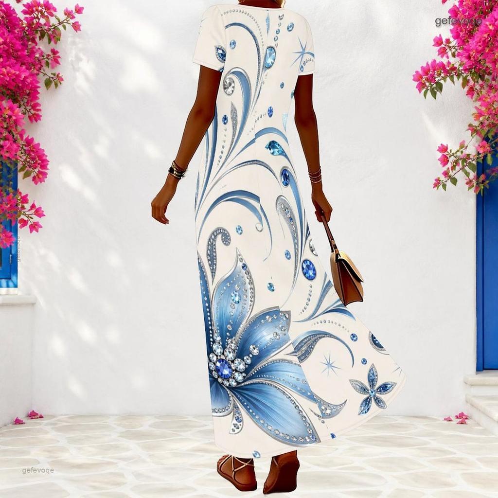 Women Plus Size V Neck Short Sleeve Black Floral Print Long Dress