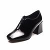 High Heels Early Spring New Square Head Front Zipper Square Heel Thick Heel Women's Shoes First Layer Cow Patent Leather Single Shoes